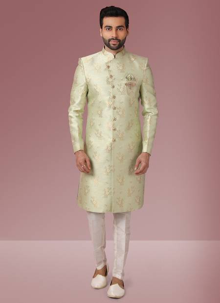 Pista Green Exclusive Traditional Wear Jacquard Banarasi Brocade Indo Western Mens New Collection 1123